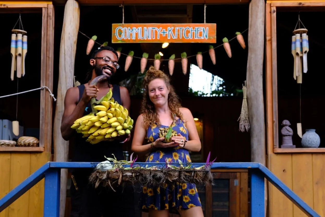 A fresh banana harvest at the KMEC open-air kitchen