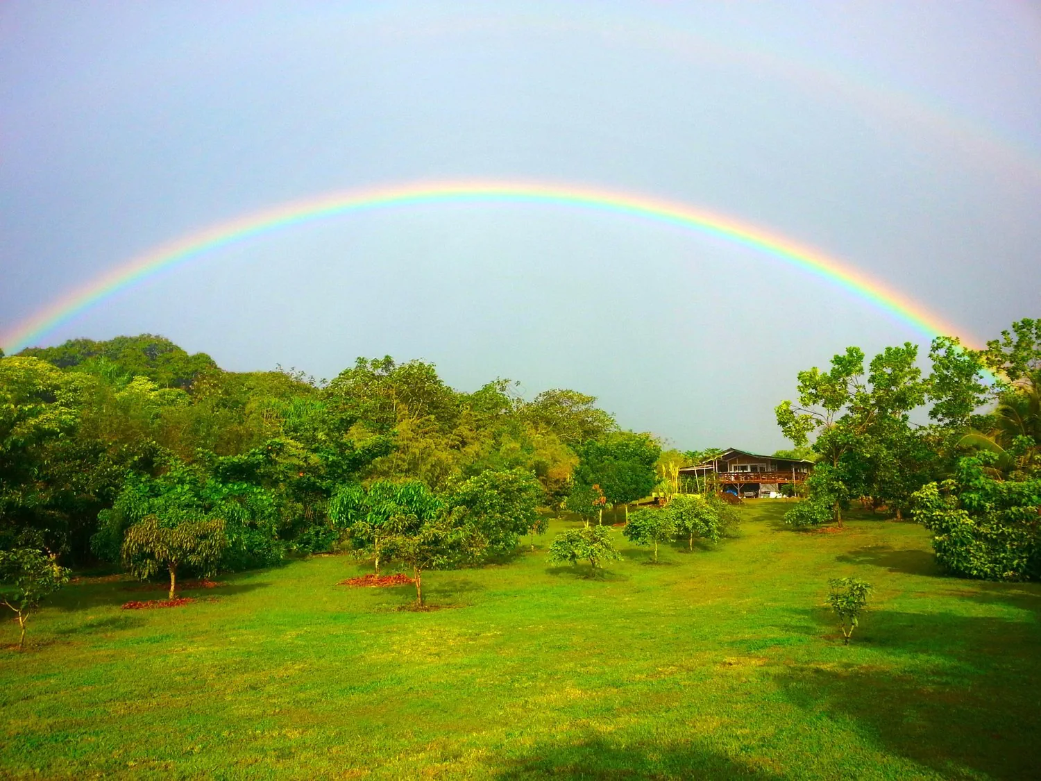 A double rainbow arching over KMEC’s tropical orchard and retreat grounds